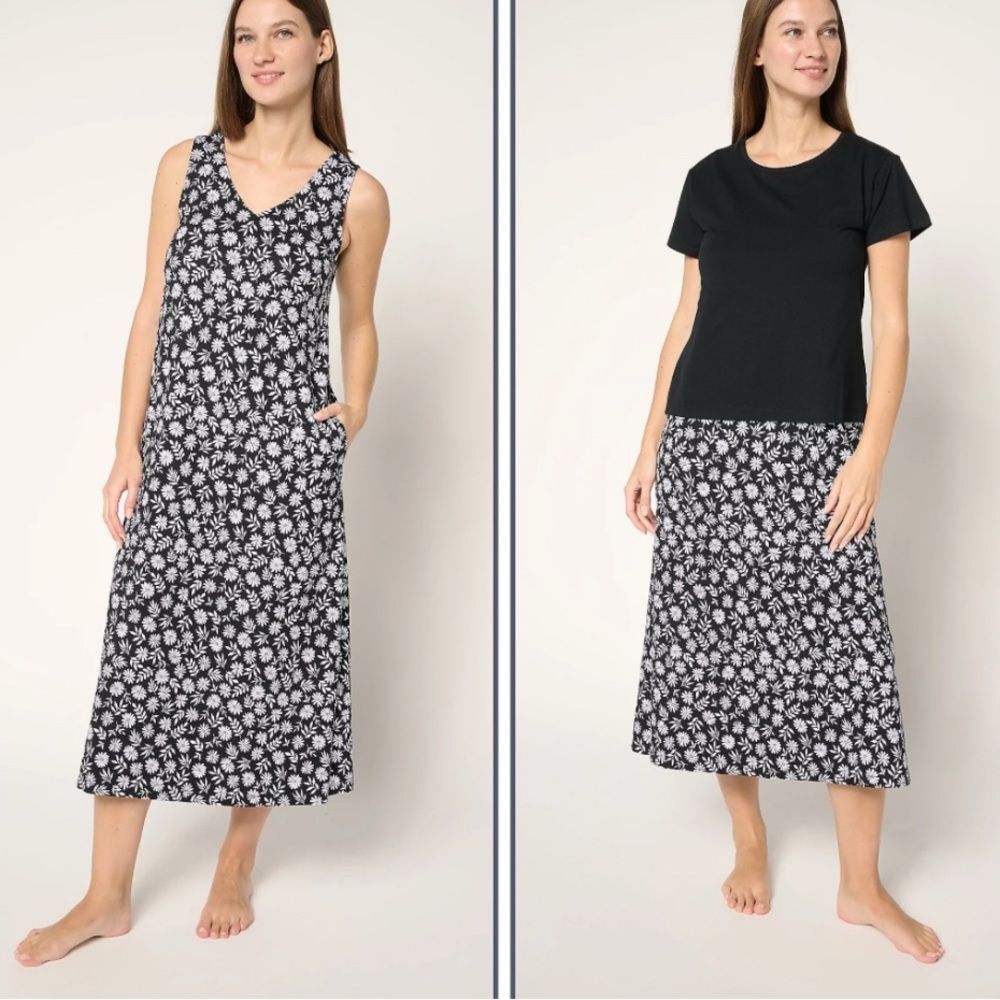 Cuddl Duds Cottonwear+ 2-Piece Tee Shirt & Tank Dress Black Floral Size Large